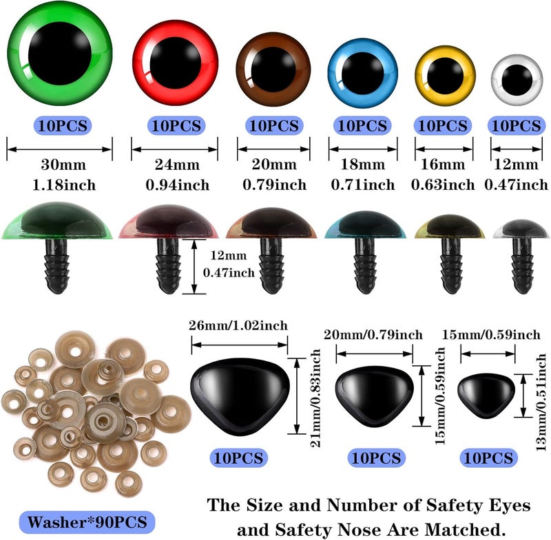 UPINS 180 Pieces 12-30 mm Large Safety Eyes and Nose with Washers for Amigurumi Stuffed Animal Eyes Plastic Craft Doll Crochet Eyes for DIY of Puppet, Bear, Toy Making Supplies (Assorted Colors) - Image 2